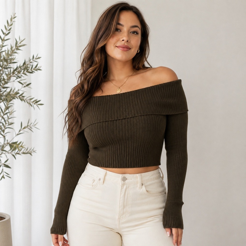 Fashion Nova Olive Brown Off Shoulder Cropped Sweater Top XL NWT